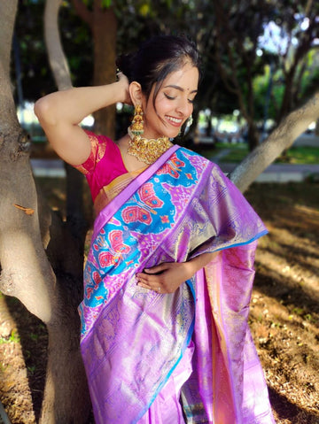 unique exclusive designer trill patola ikkat pattu sarees with Rich fallu with with kanchi boader