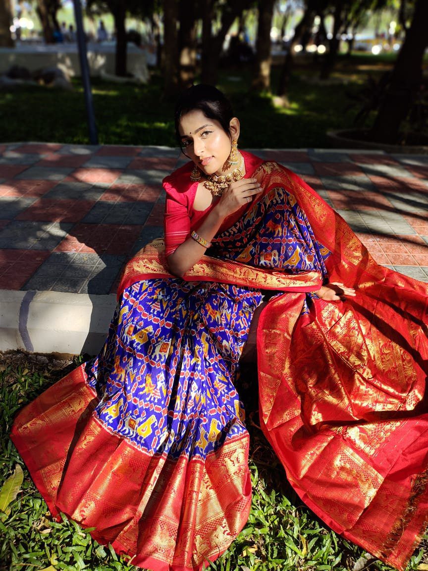 unique exclusive designer trill patola ikkat pattu sarees with Rich fallu with with kanchi boader