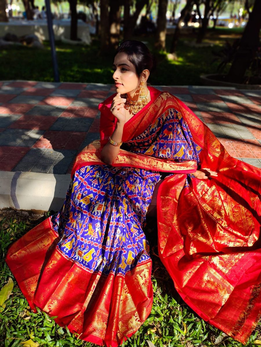 unique exclusive designer trill patola ikkat pattu sarees with Rich fallu with with kanchi boader