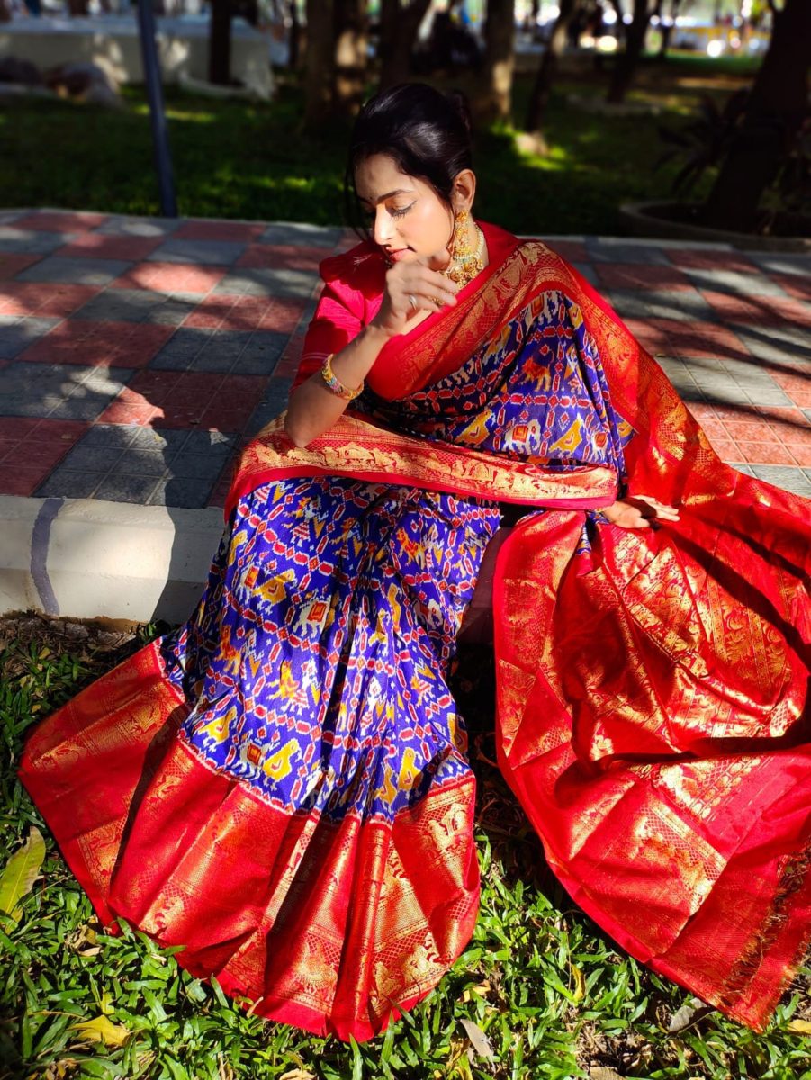unique exclusive designer trill patola ikkat pattu sarees with Rich fallu with with kanchi boader